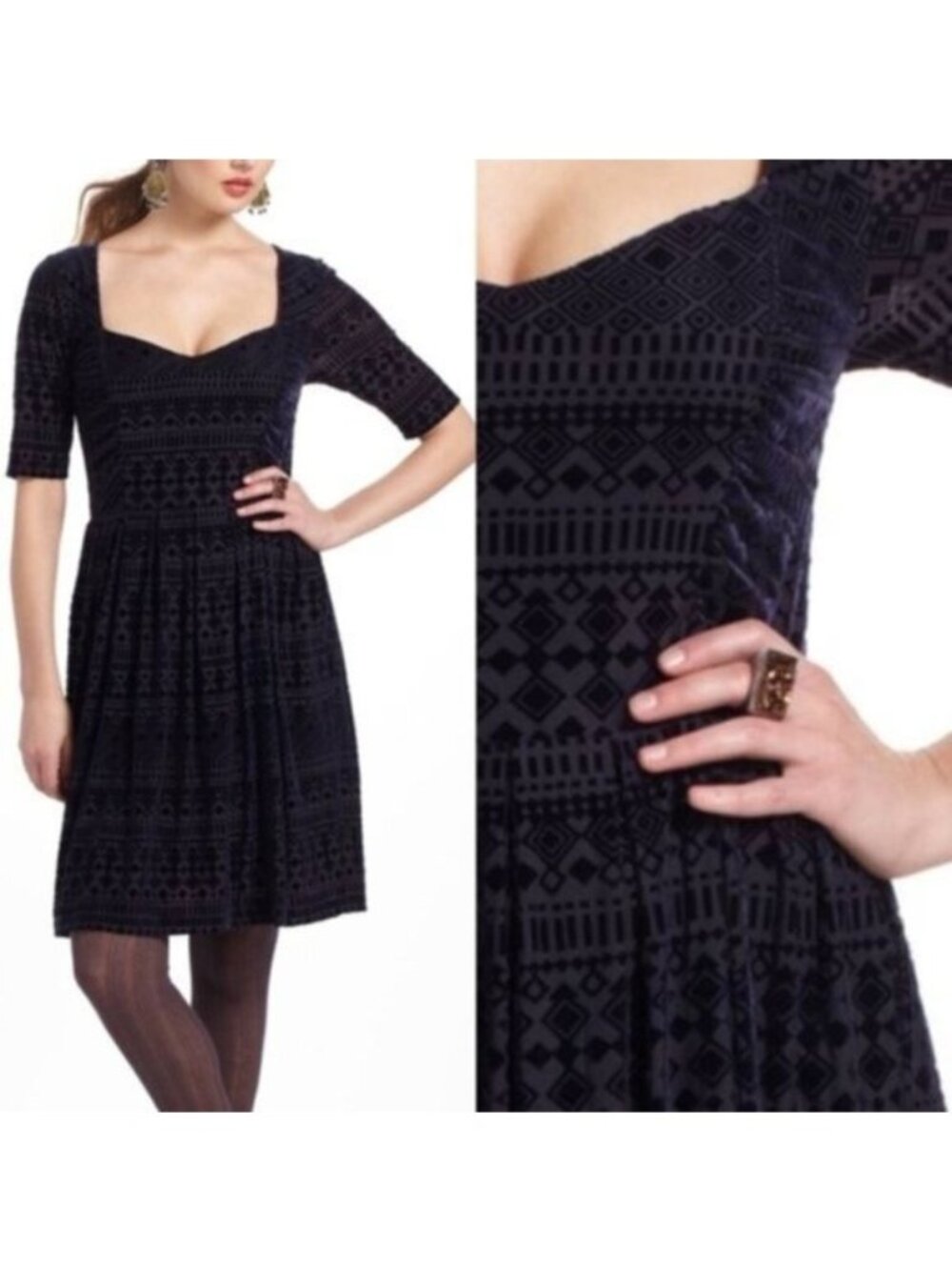 EUC Meadow Rue Anthropologie Navy Geometric Burnout Velvet V Neck Mini Dress XS